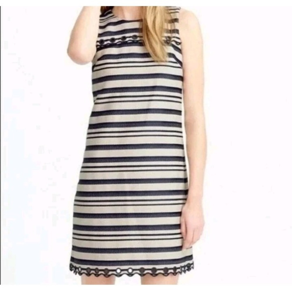 J Crew Striped Scalloped Shift Dress Grommets Sz 8 Navy Beige Sleeveless Coastal